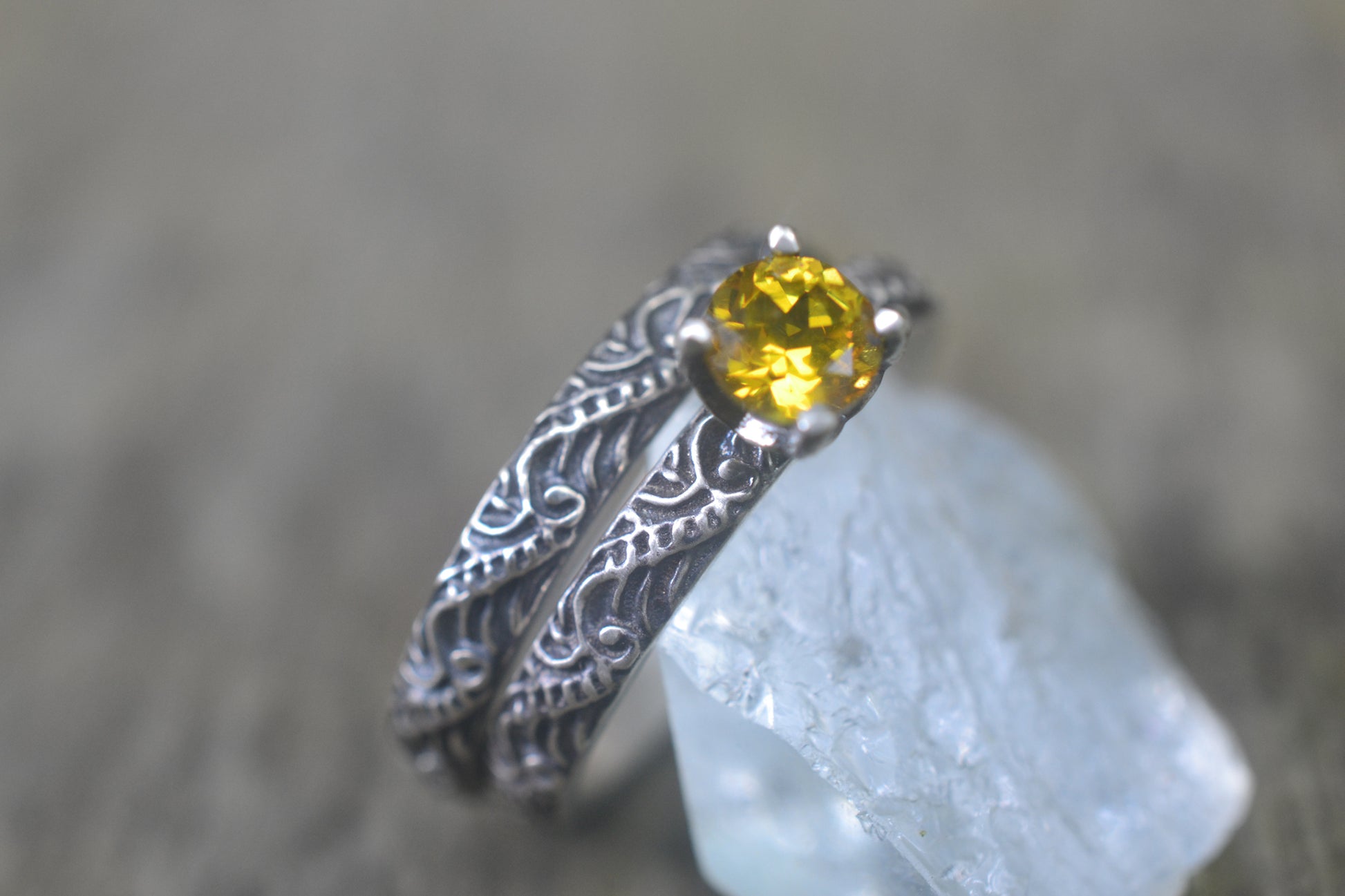 Oxidised Silver Bridal Ring Set With Yellow Stone