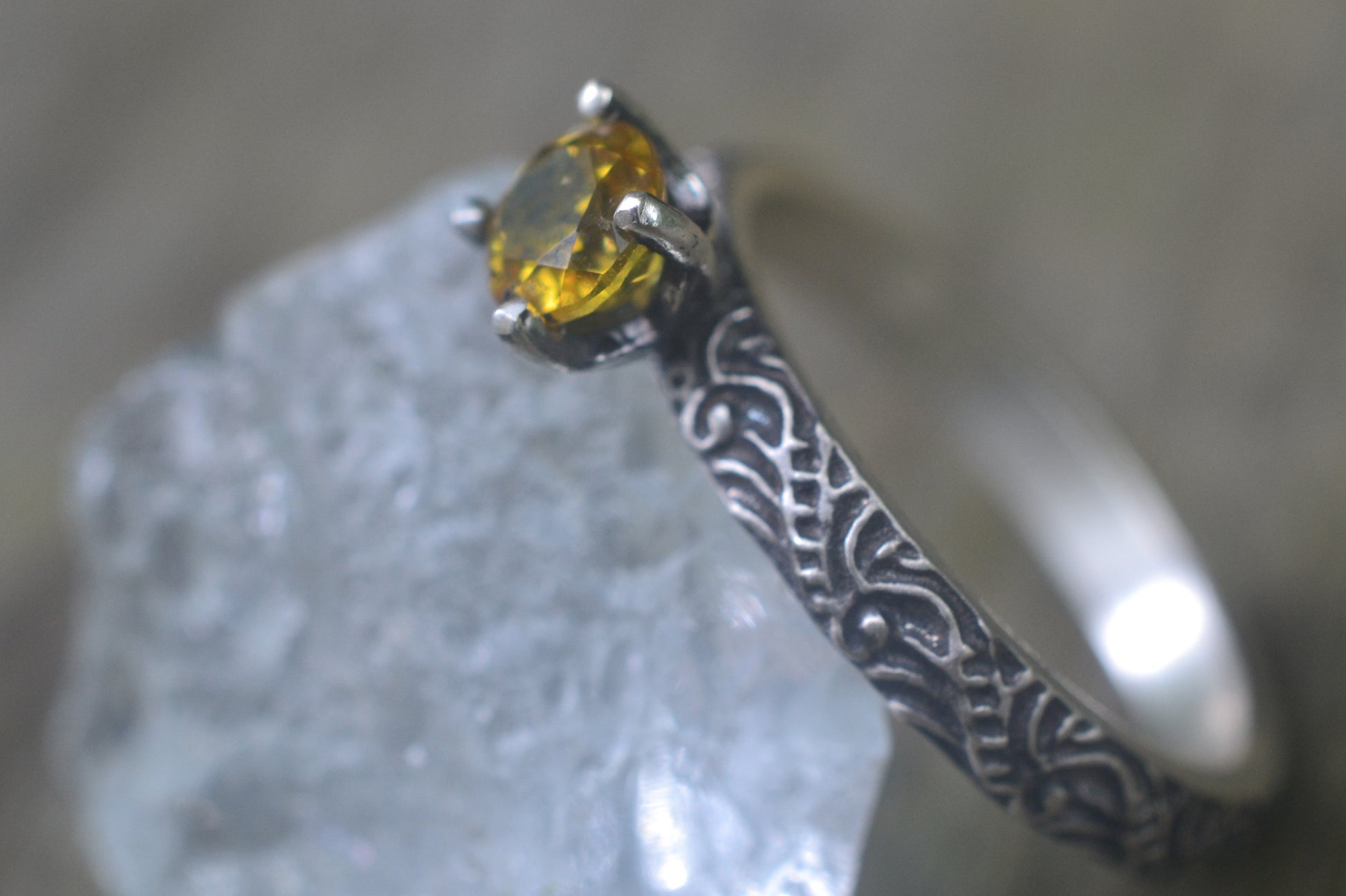 Oxidised Silver Scroll Ring With Yellow Stone