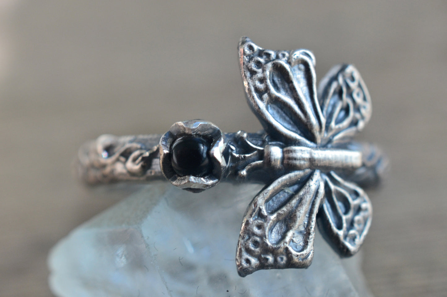 Gothic Black Silver Butterfly Ring WIth Onyx