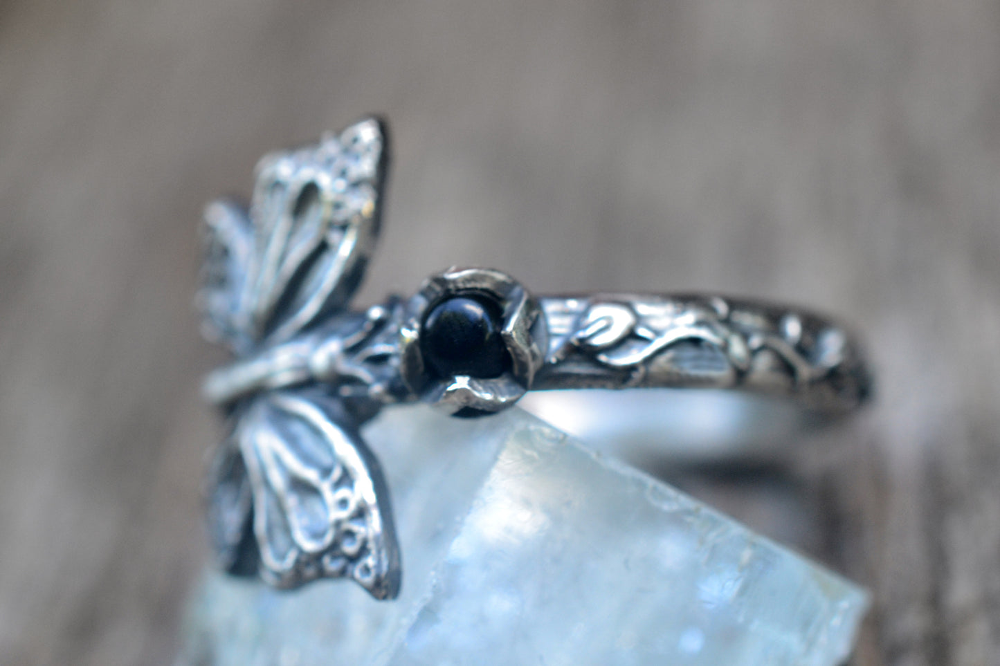 3mm Black Onyx Ring With Butterfly Design