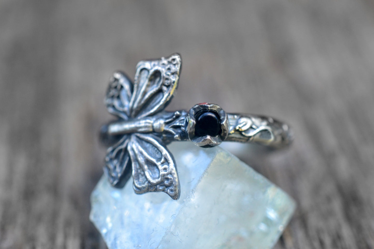 Asymmetric Butterfly & Black Onyx Ring in Silver