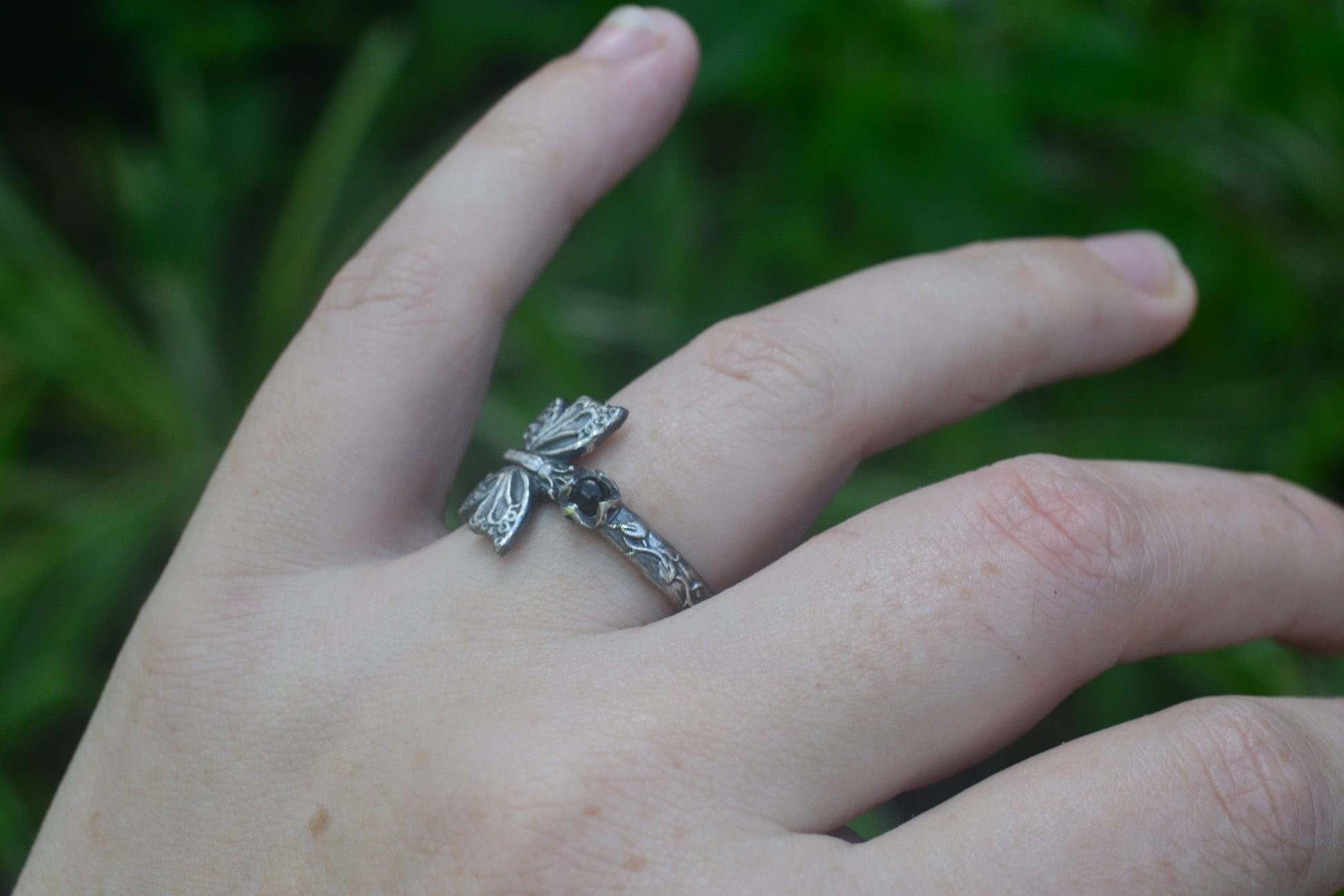 Silver Butterfly Ring With Black Onyx Crystal