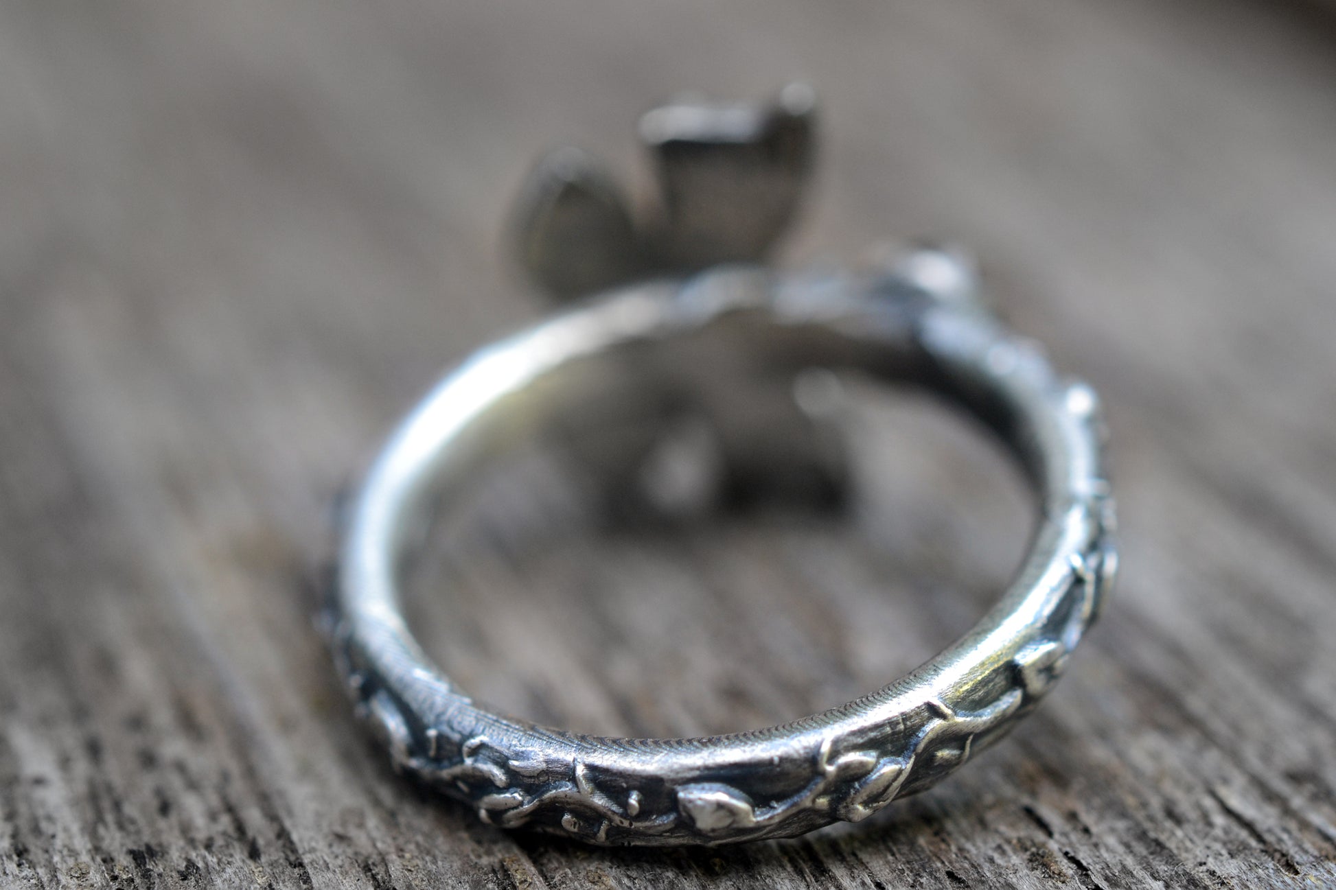 Oxidised Silver Leaf Ring With Butterfly