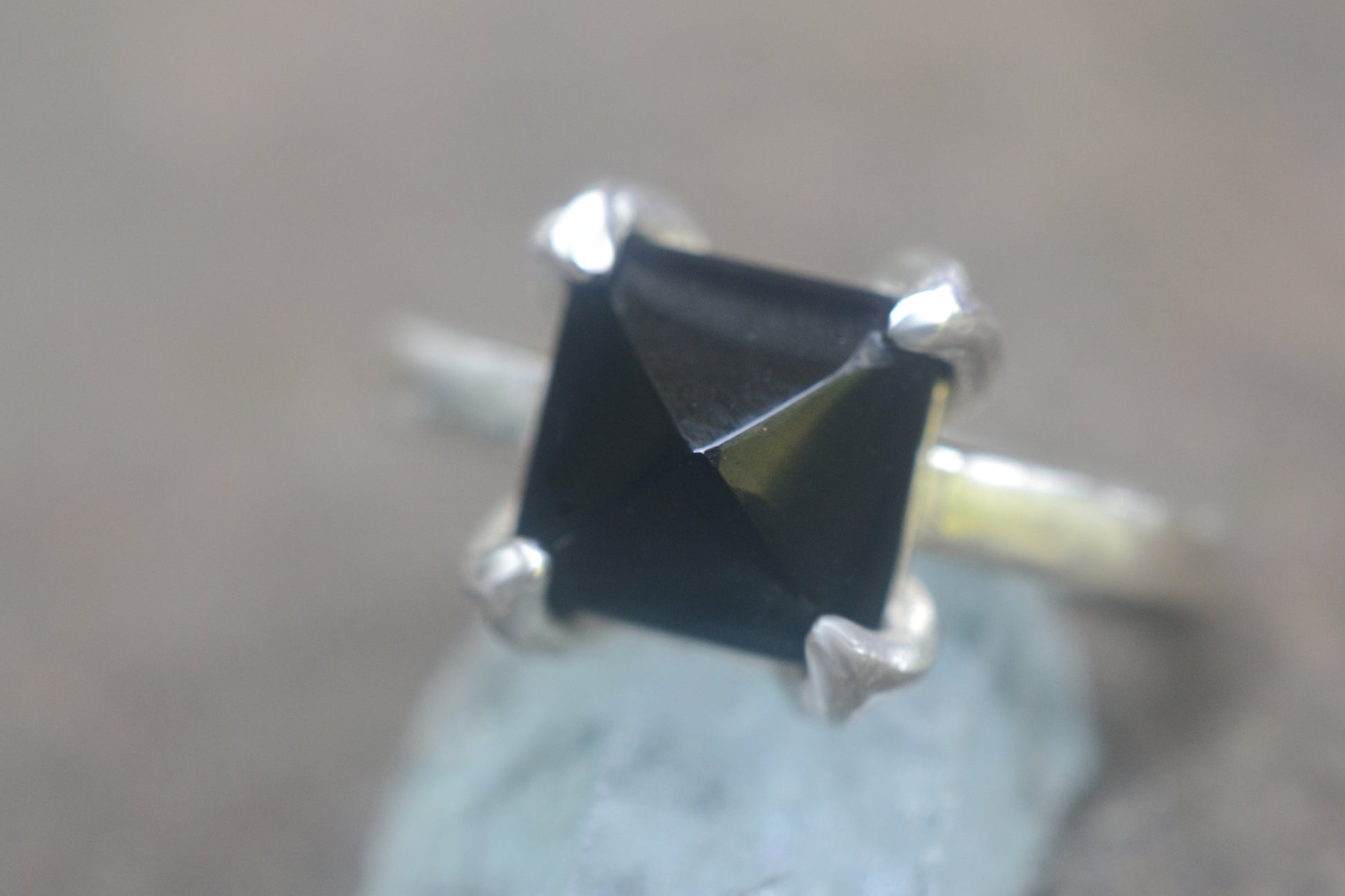 Pyramid Cut Onyx Crystal Ring in Silver