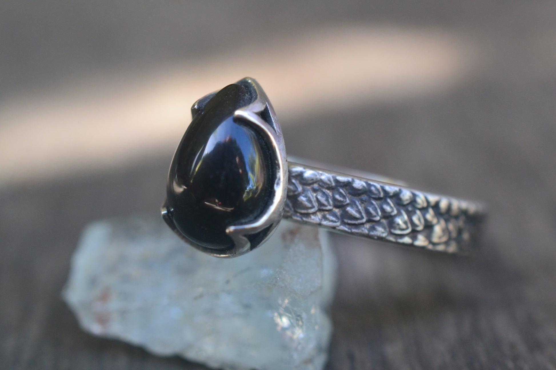 Black Onyx Statement Ring With Oxidised Scale Band