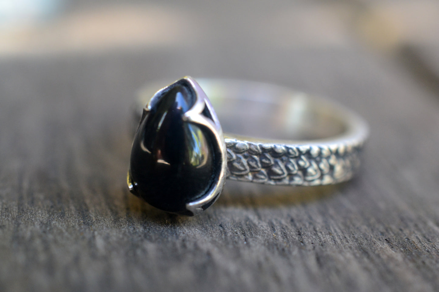Gothic Dragon Scale Black Onyx Ring in Silver