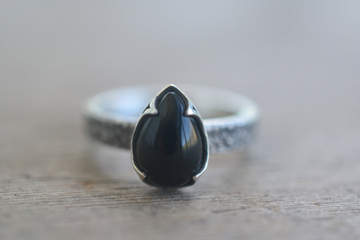 Black Onyx Teardrop Ring in Oxidised Silver