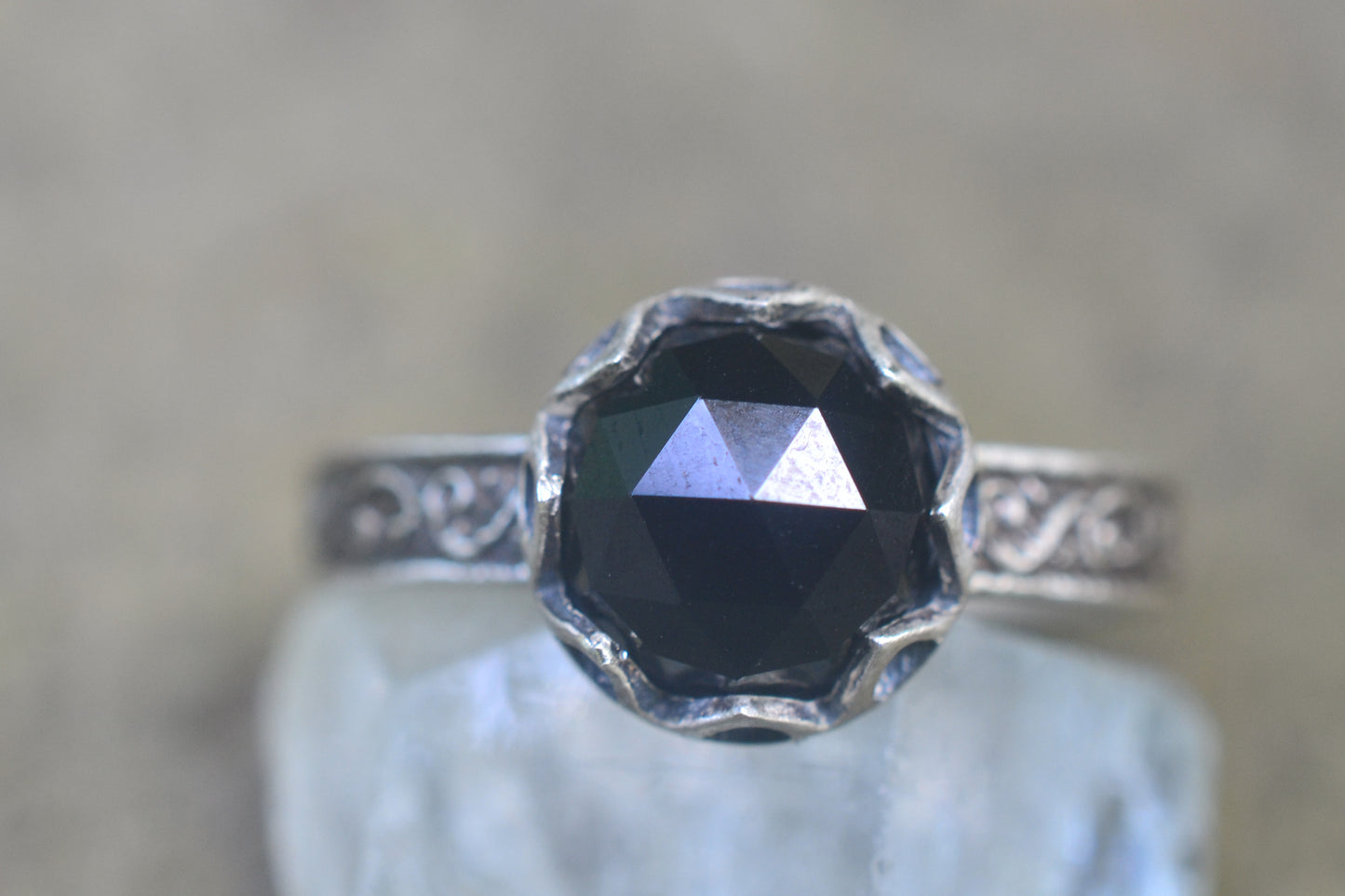 Rose Cut Black Spinel Gemstone Ring in Sterling