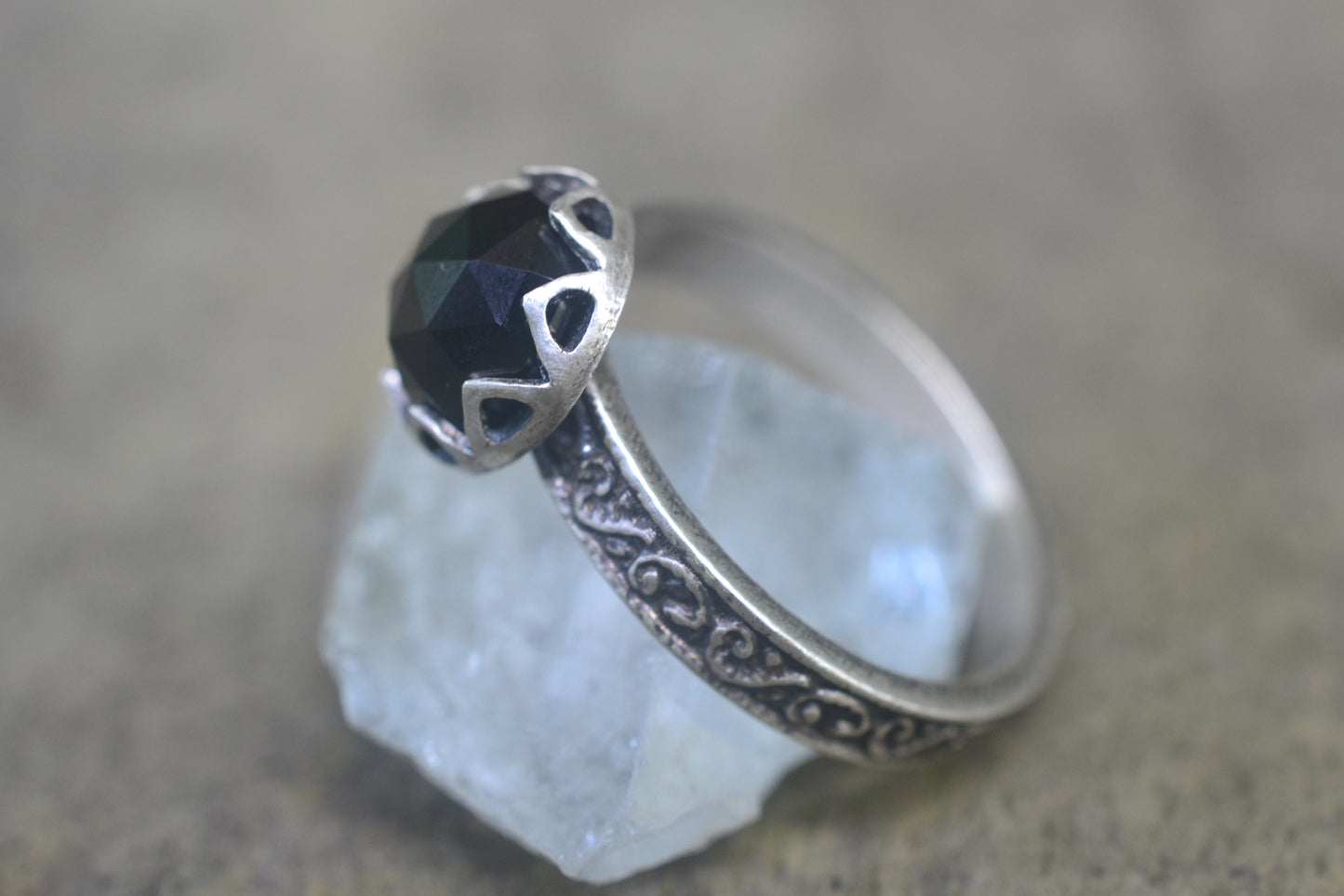 Gothic Black Spinel Cabochon Ring in Silver