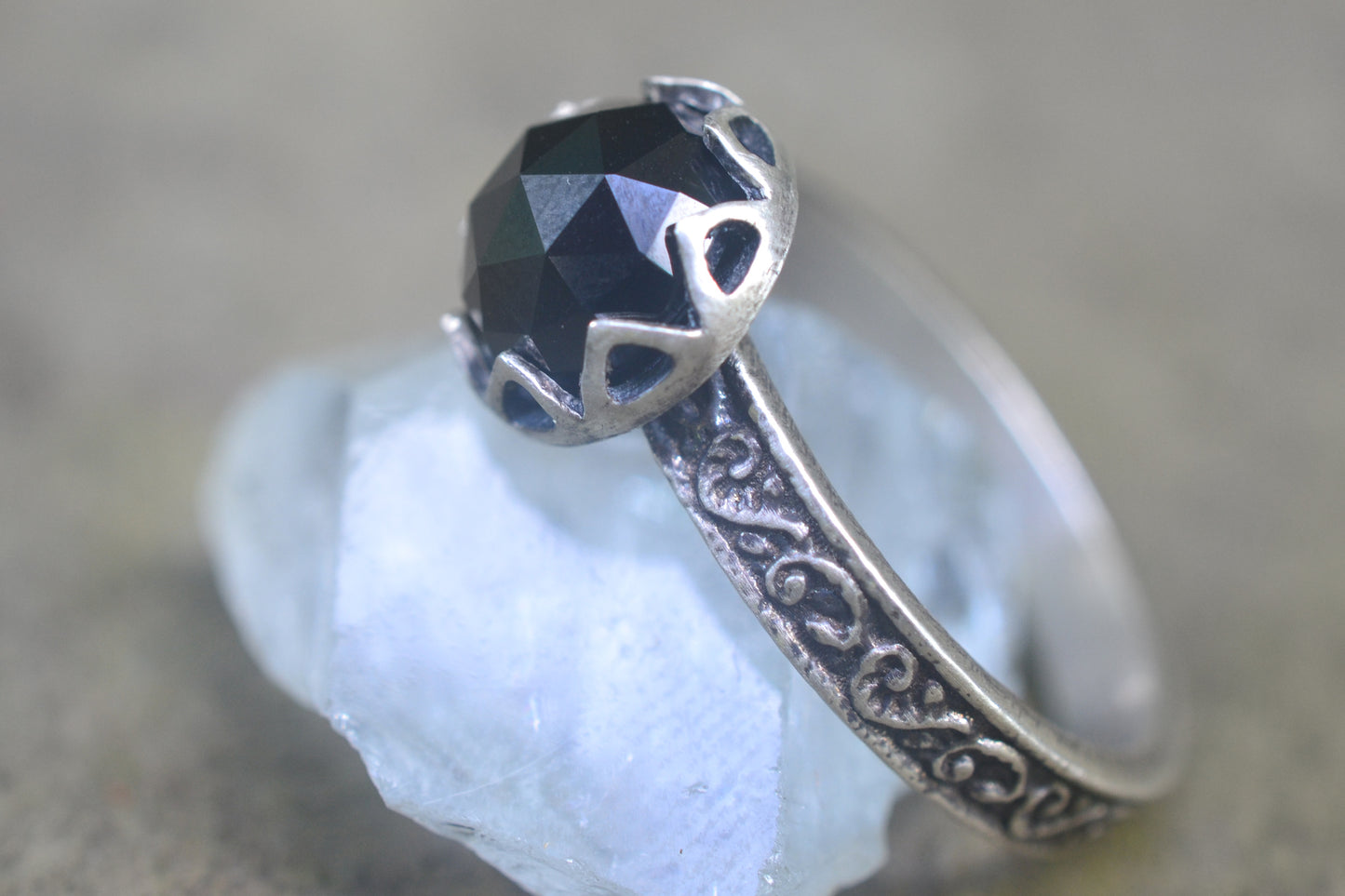 Renaissance Style Black Spinel Engagement Ring