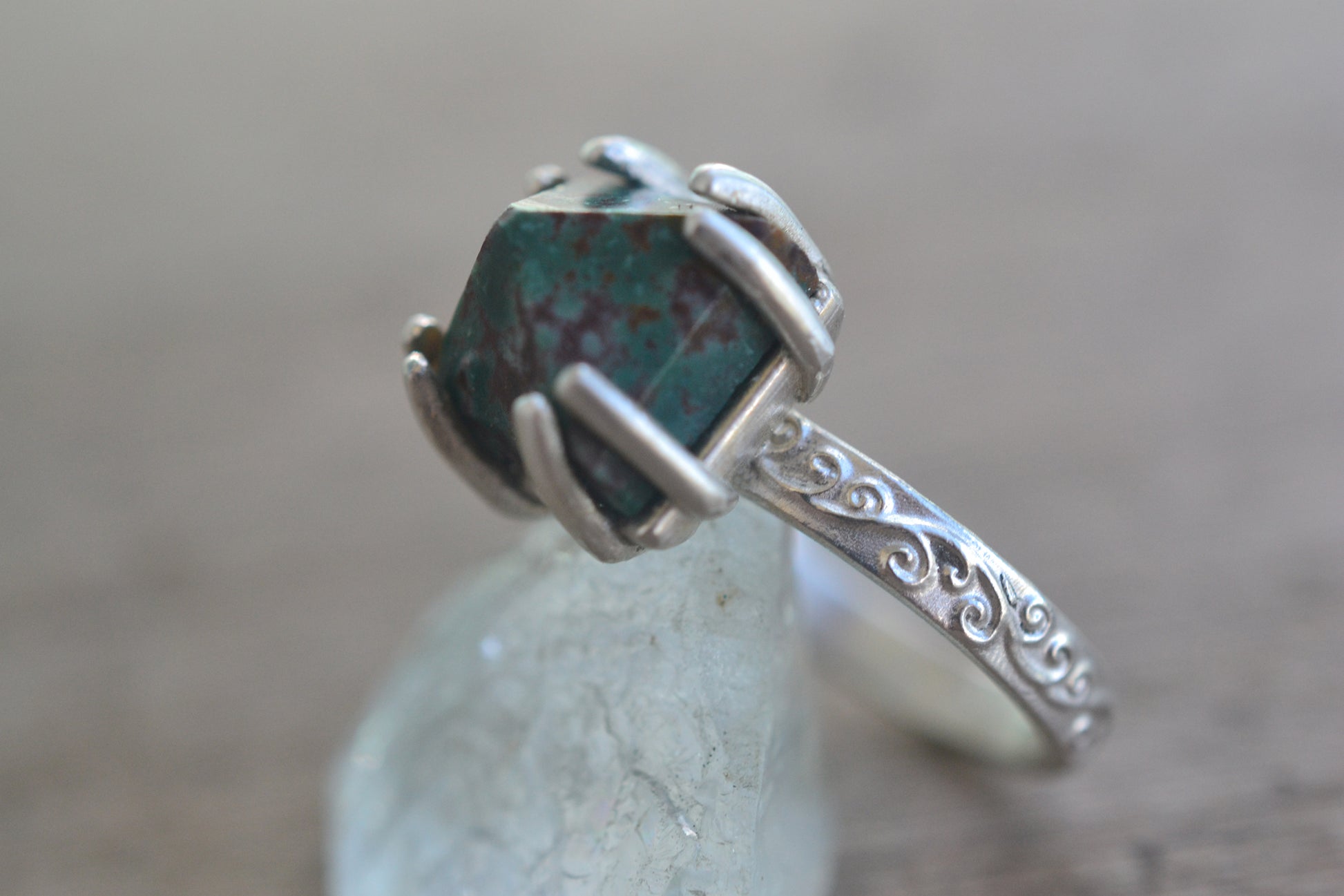 Bloodstone Pyramid Ring With Silver Spiral Band