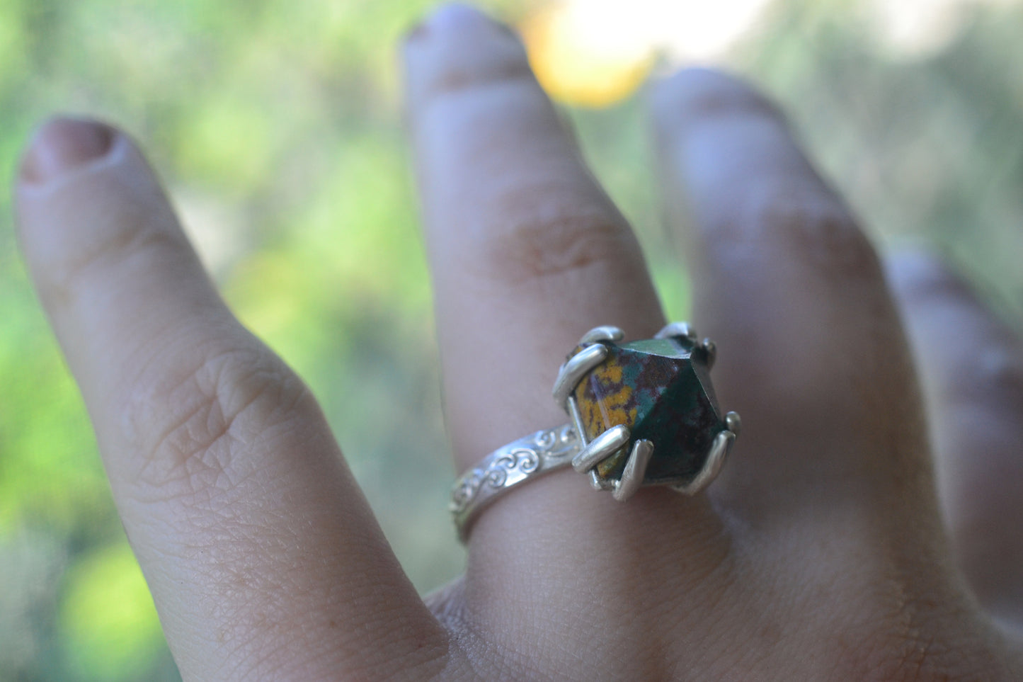 Natural Bloodstone Pyramid Statement Ring in Silver