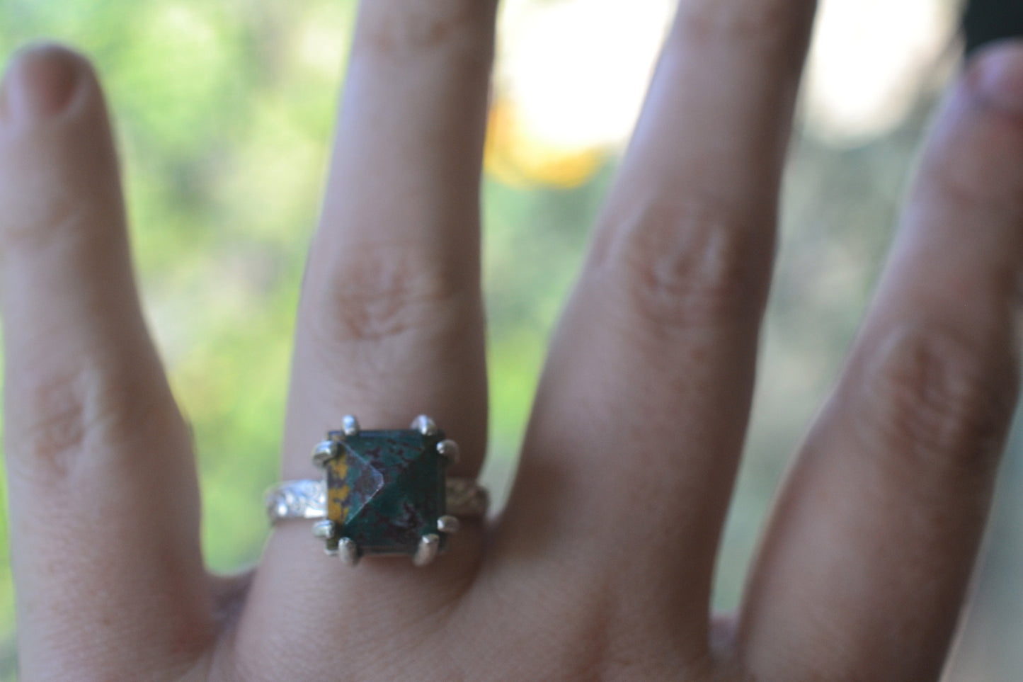 Green Jasper Point Ring With Silver Spiral Band