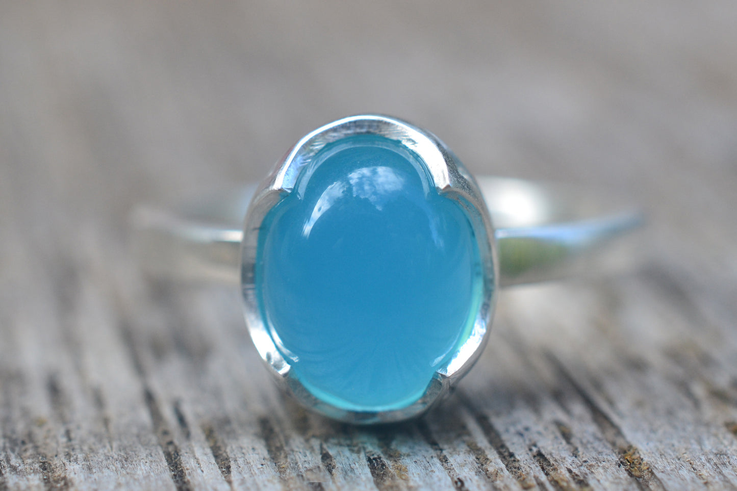 Sea Blue Chalcedony Ring in 925 Silver