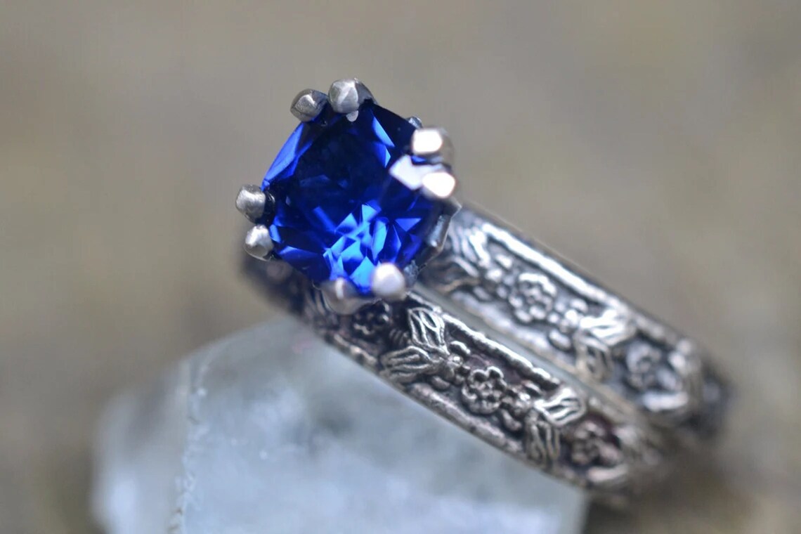 Blue Sapphire Rose & Bee Bridal Ring Set