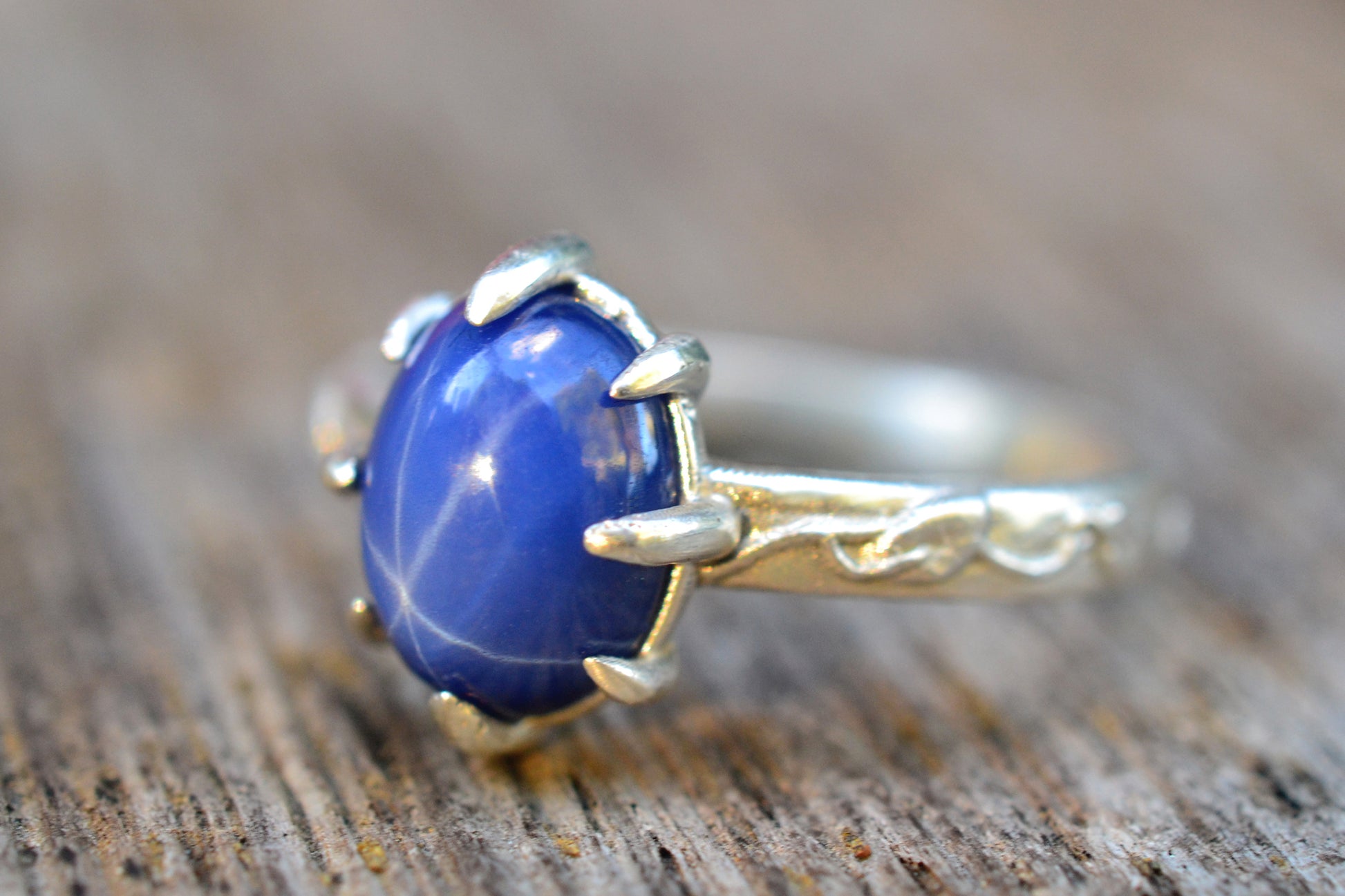 Silver Leaf Cocktail Ring With Blue Star Sapphire