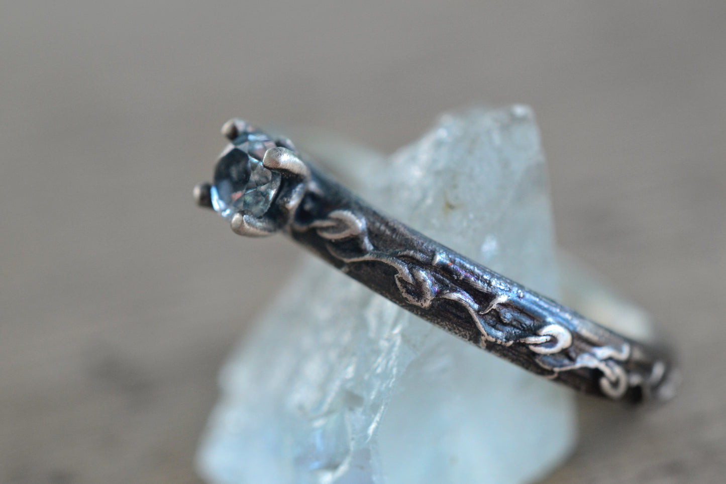 Faceted Blue Topaz Ring With Oxidised Silver Band