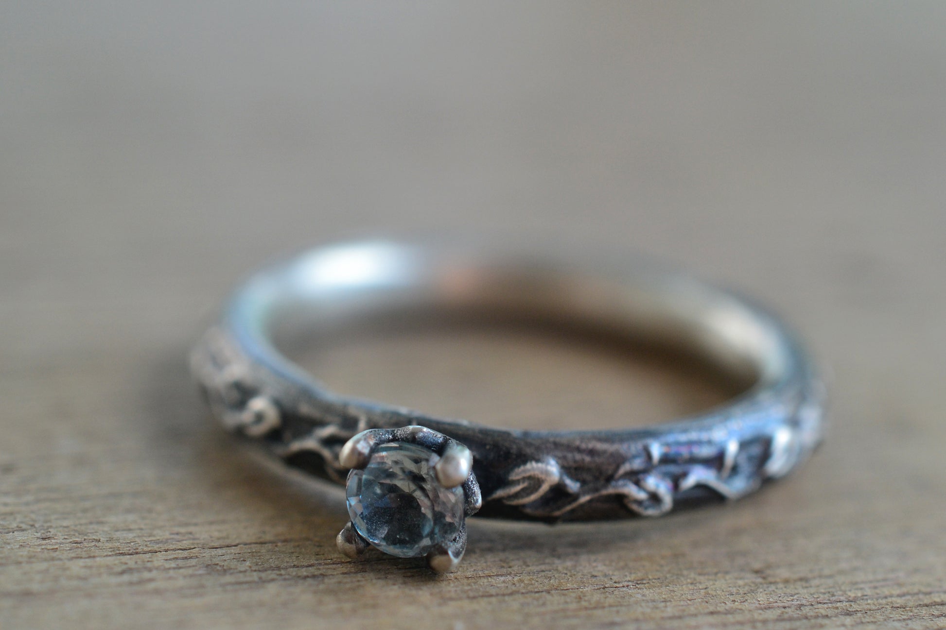 Blue Topaz Gemstone Ring With Oxidised Leaf Design