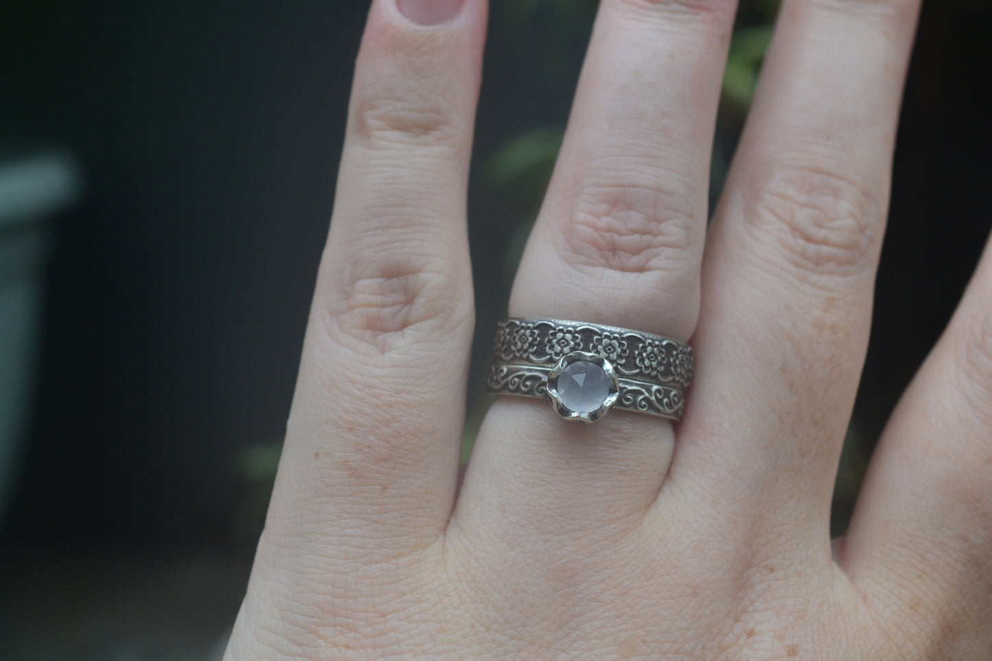 Gothic Floral Chalcedony Bridal Ring Set