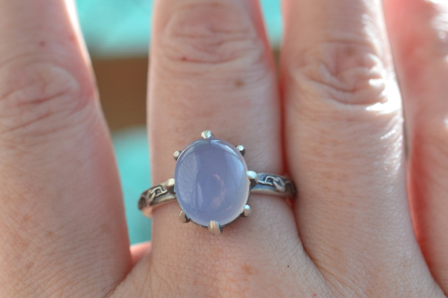 Natural Chalcedony Ring With Leaf Pattern Band