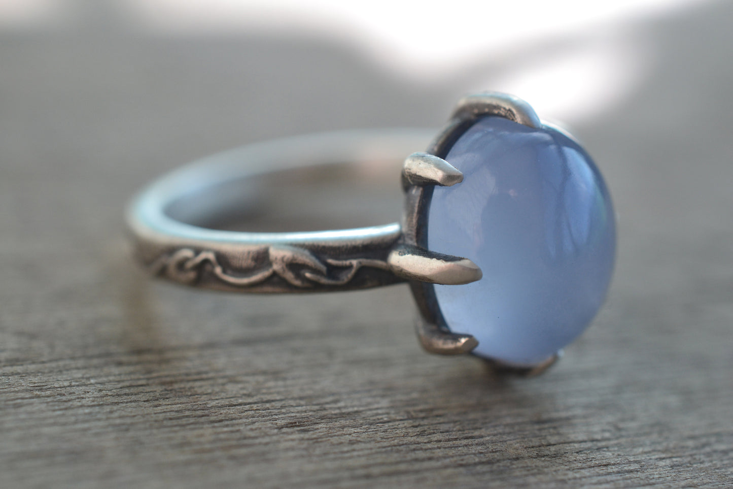 Blue Chalcedony Ring With Vine Leaf Band