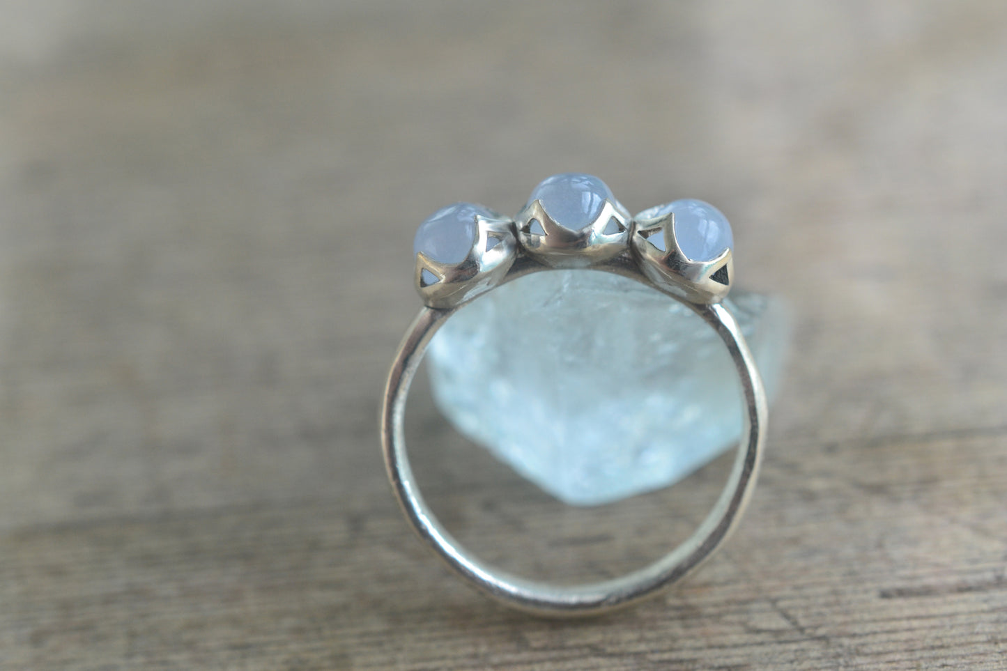 Three Stone Natural Chalcedony Ring in Silver
