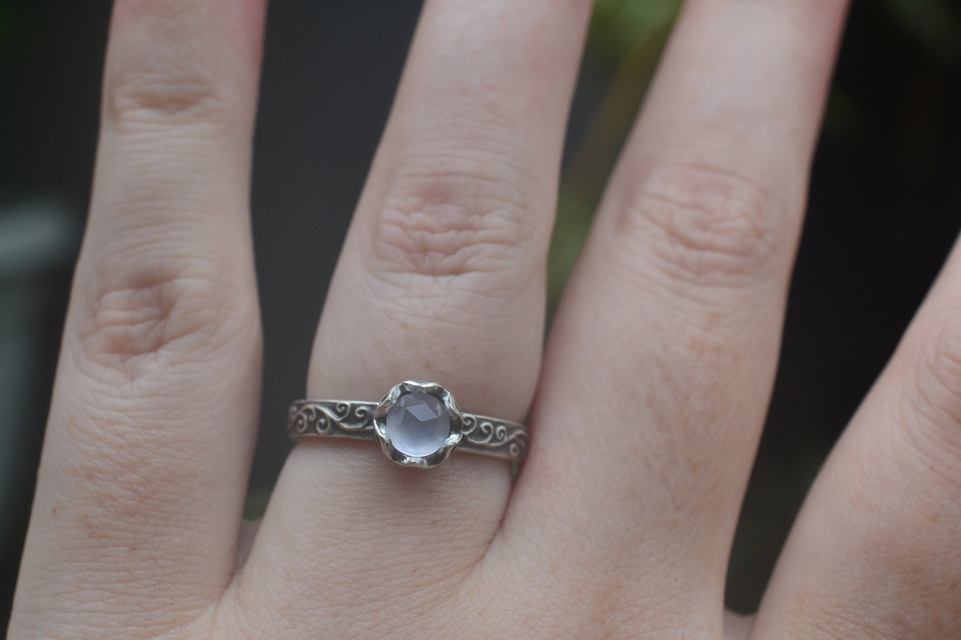 Gothic Chalcedony Promise Ring in Patterned Silver