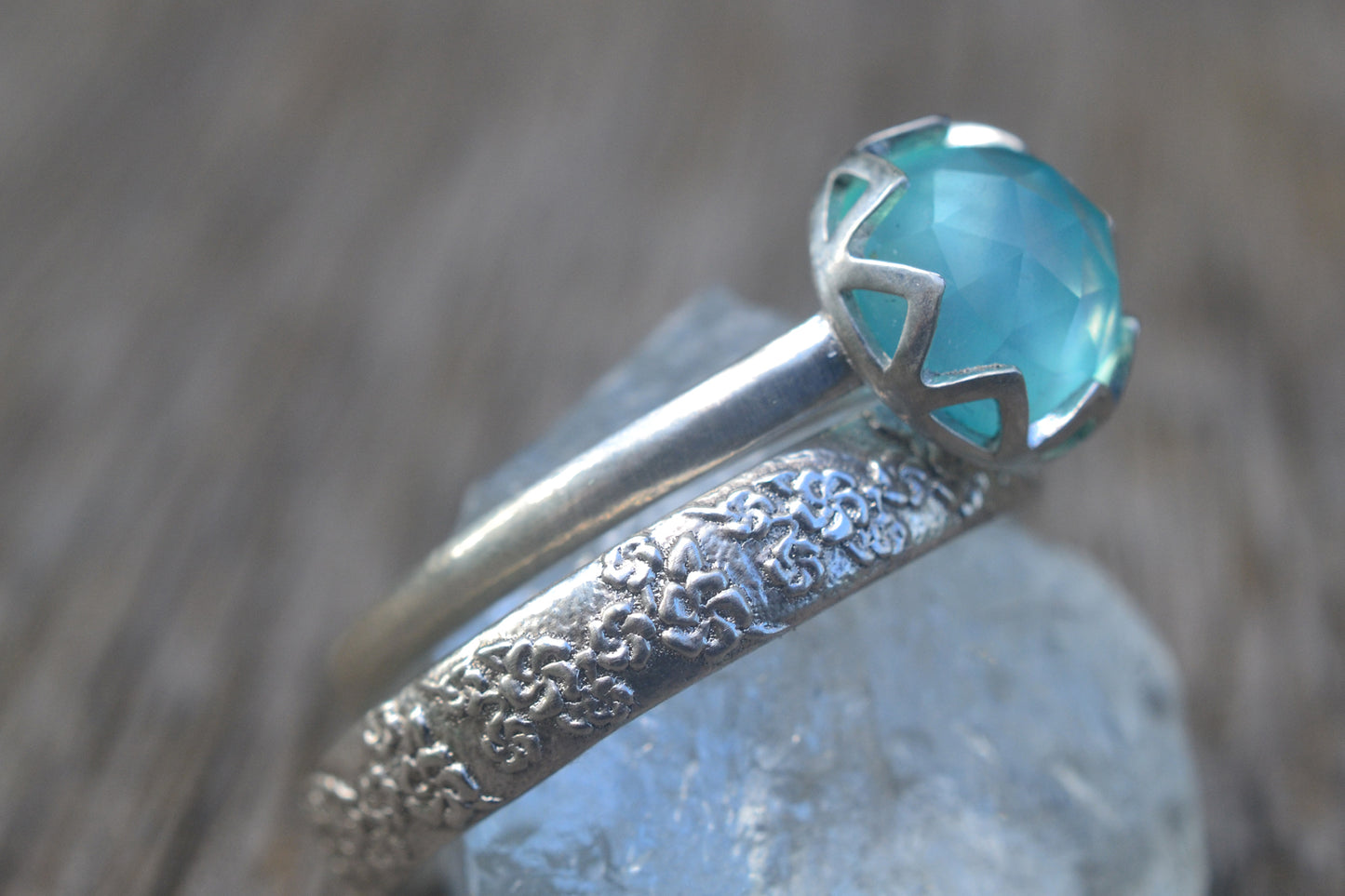 Blue Opal Bezel Bridal Ring Set in Silver