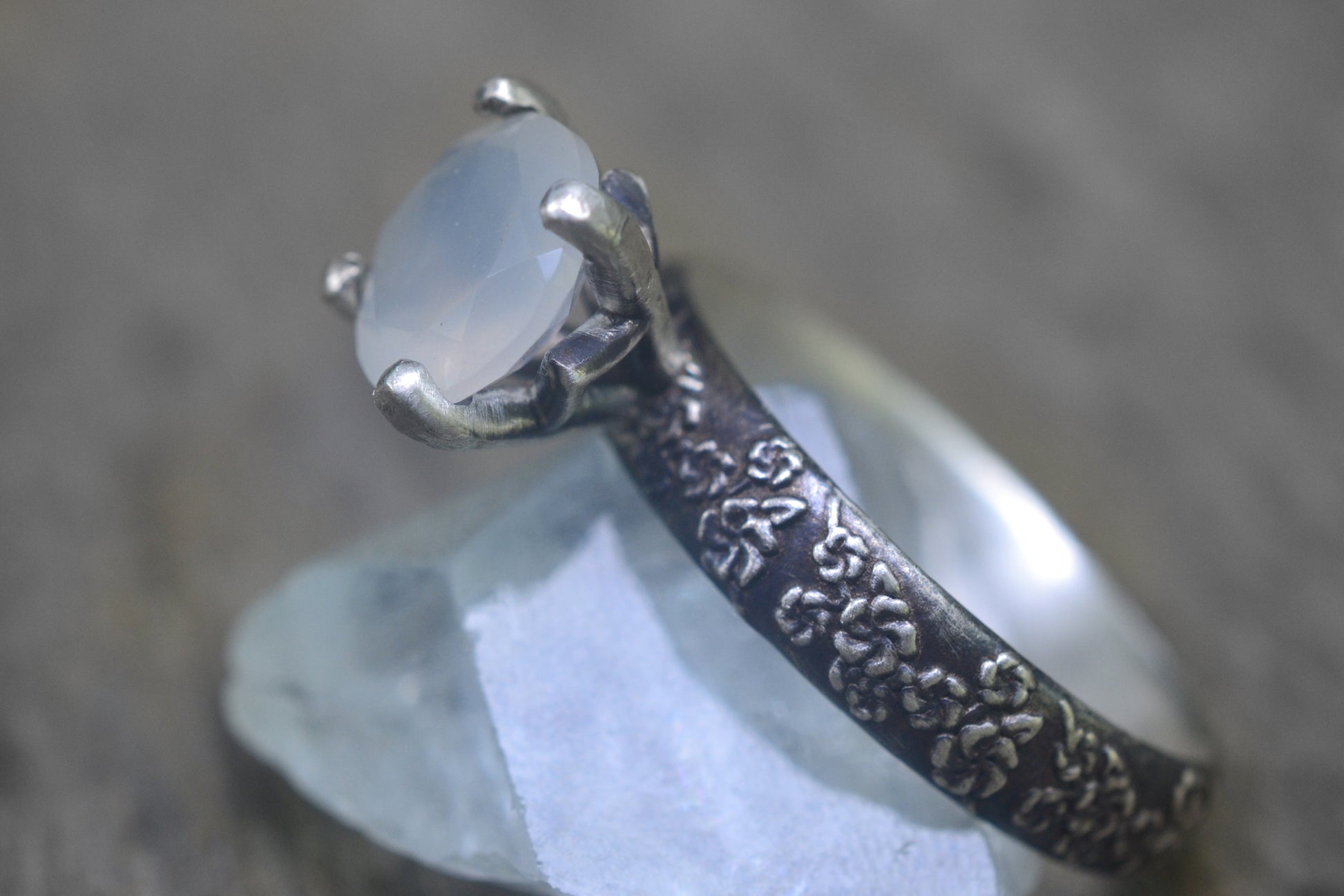 White Moonstone Ring in Oxidised Sterling