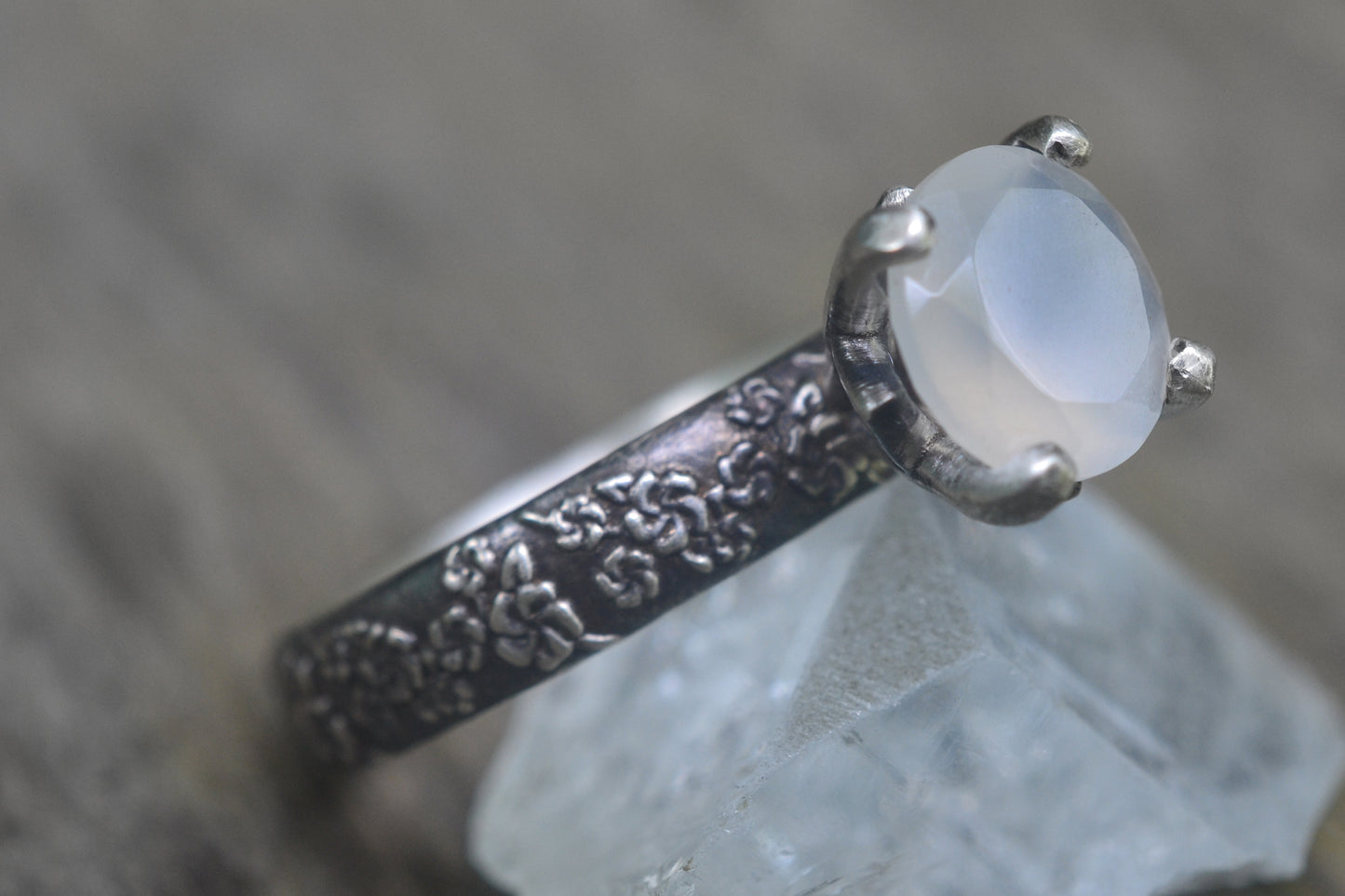 8mm White Moonstone Ring in Oxidised Silver