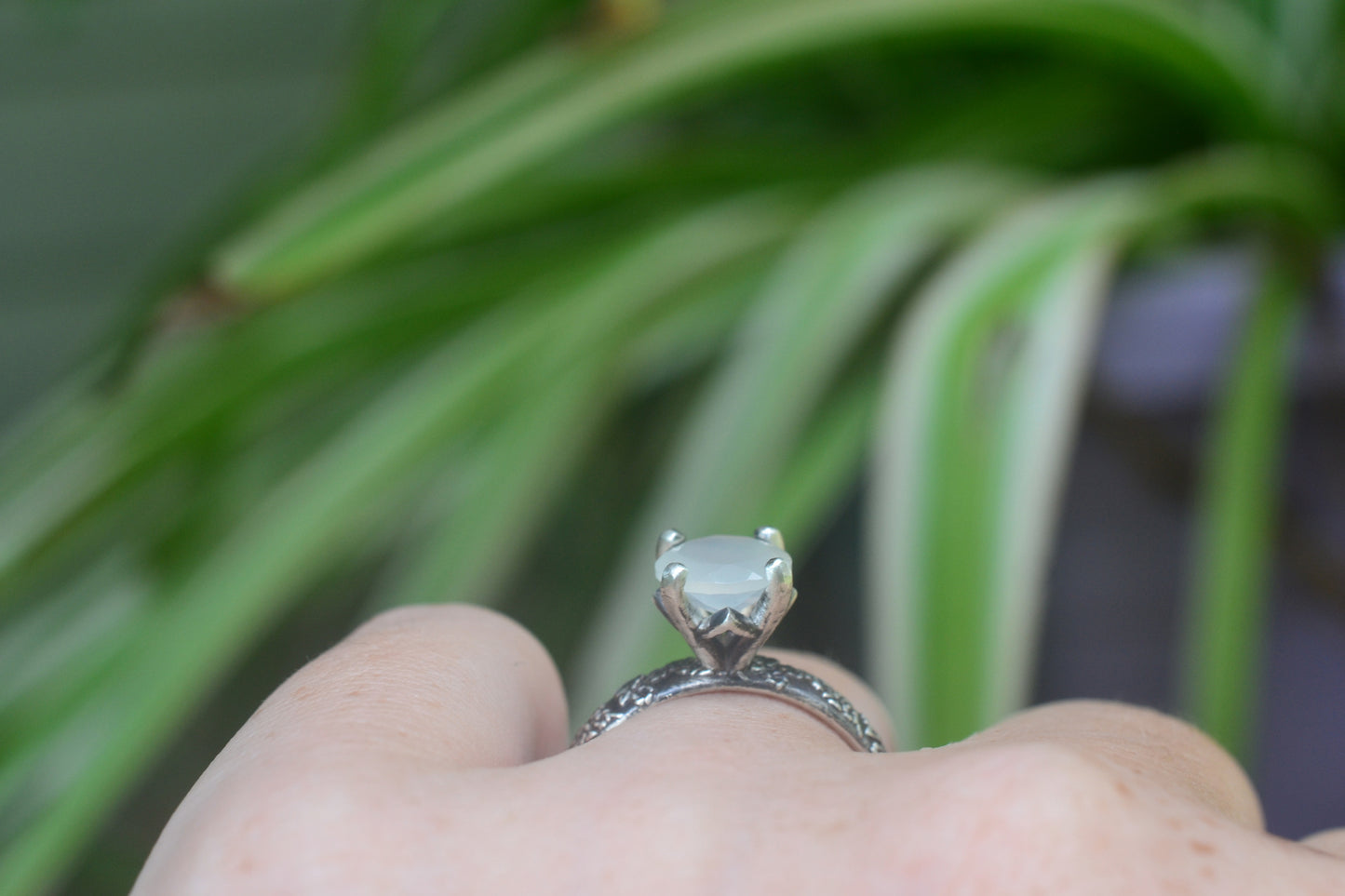 Floral Silver Ring With Moonstone Gem