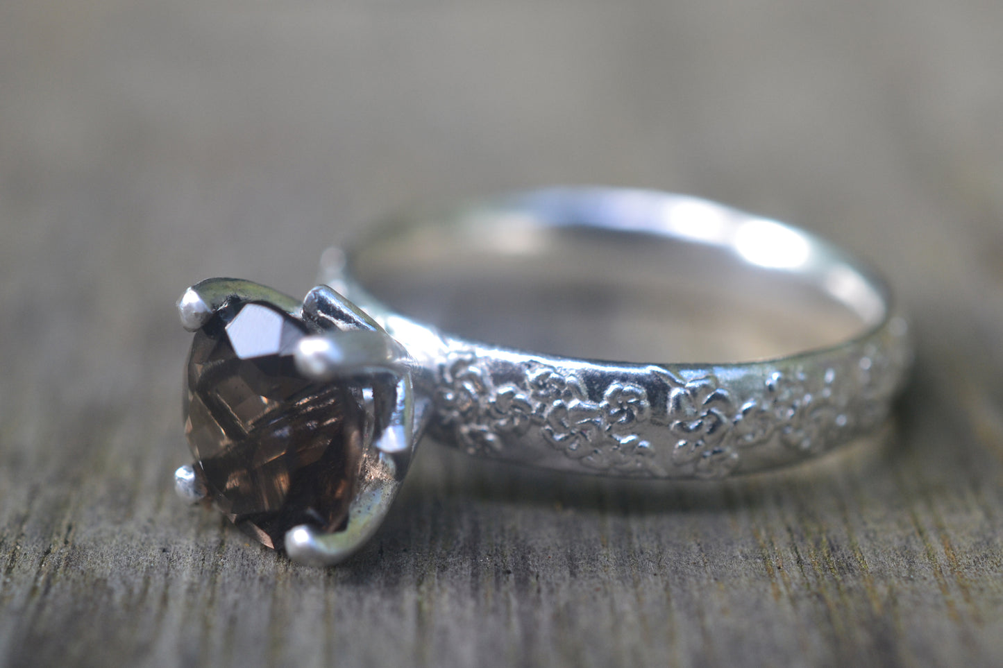 Smoky Quartz Engagement Ring in Cherry Blossom Silver