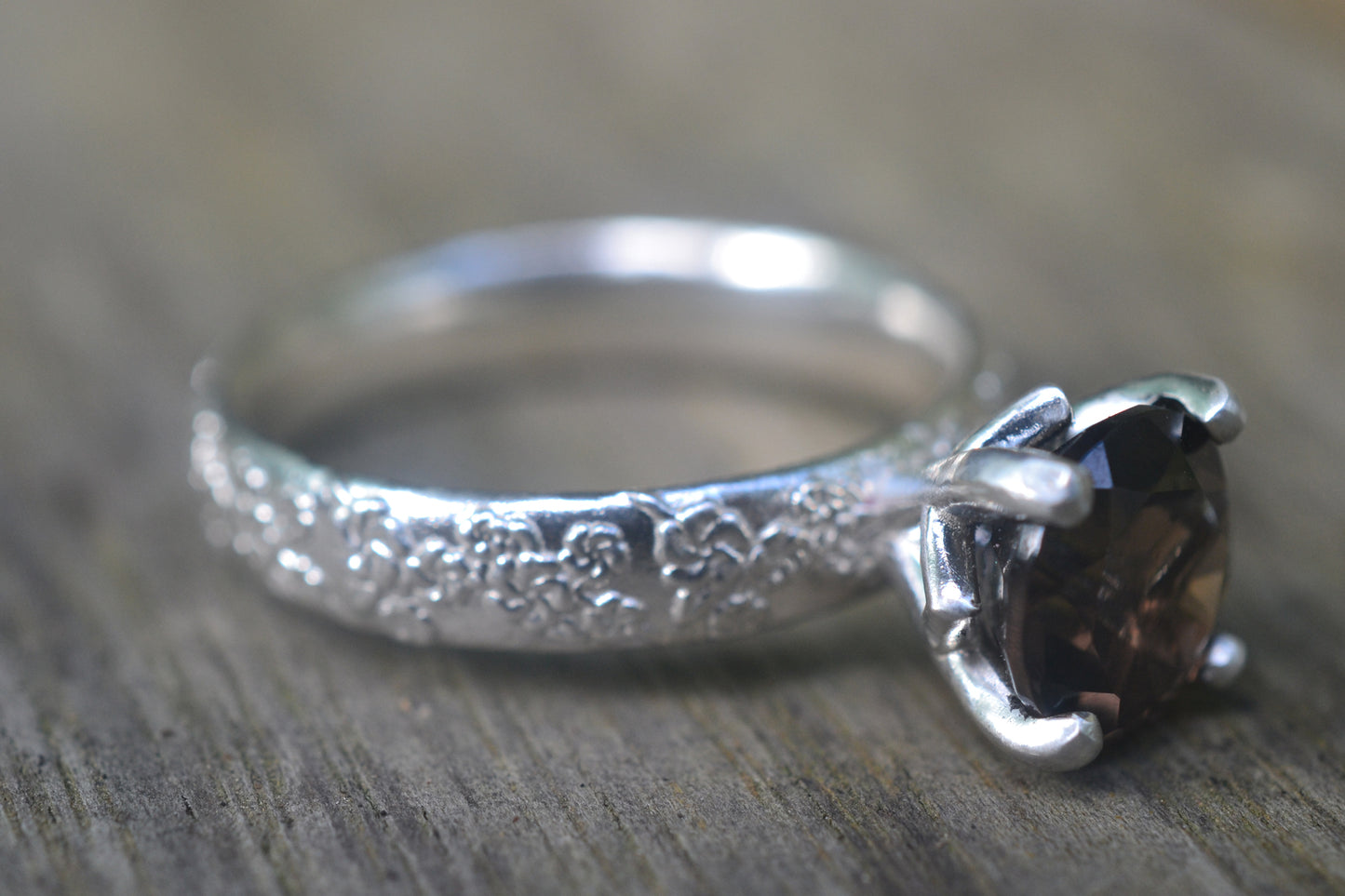 Floral Smoky Quartz Engagement Ring in Silver