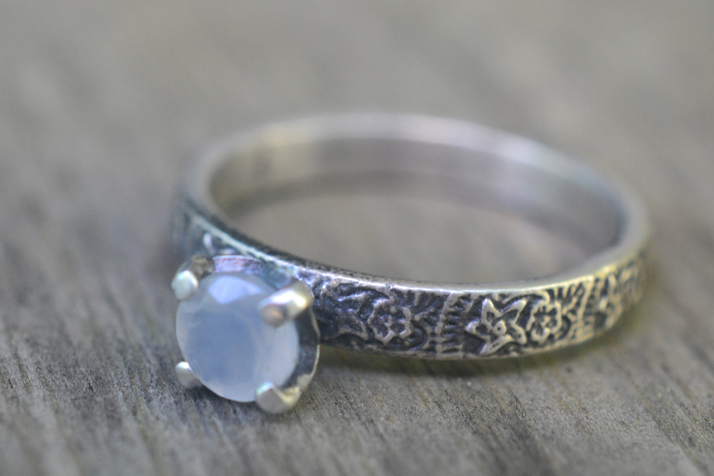 White Moonstone Solitaire Ring in Oxidised Sterling