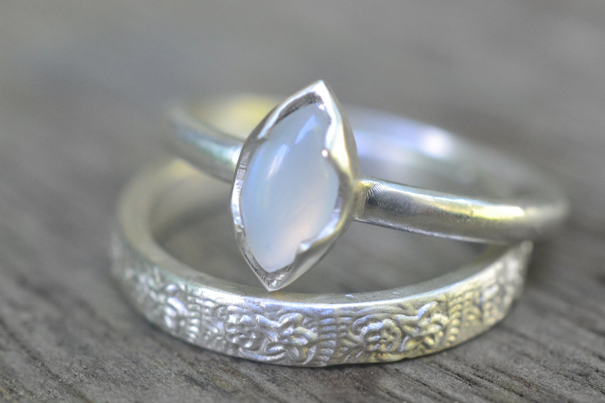 White Moonstone Ring With Stacking Band