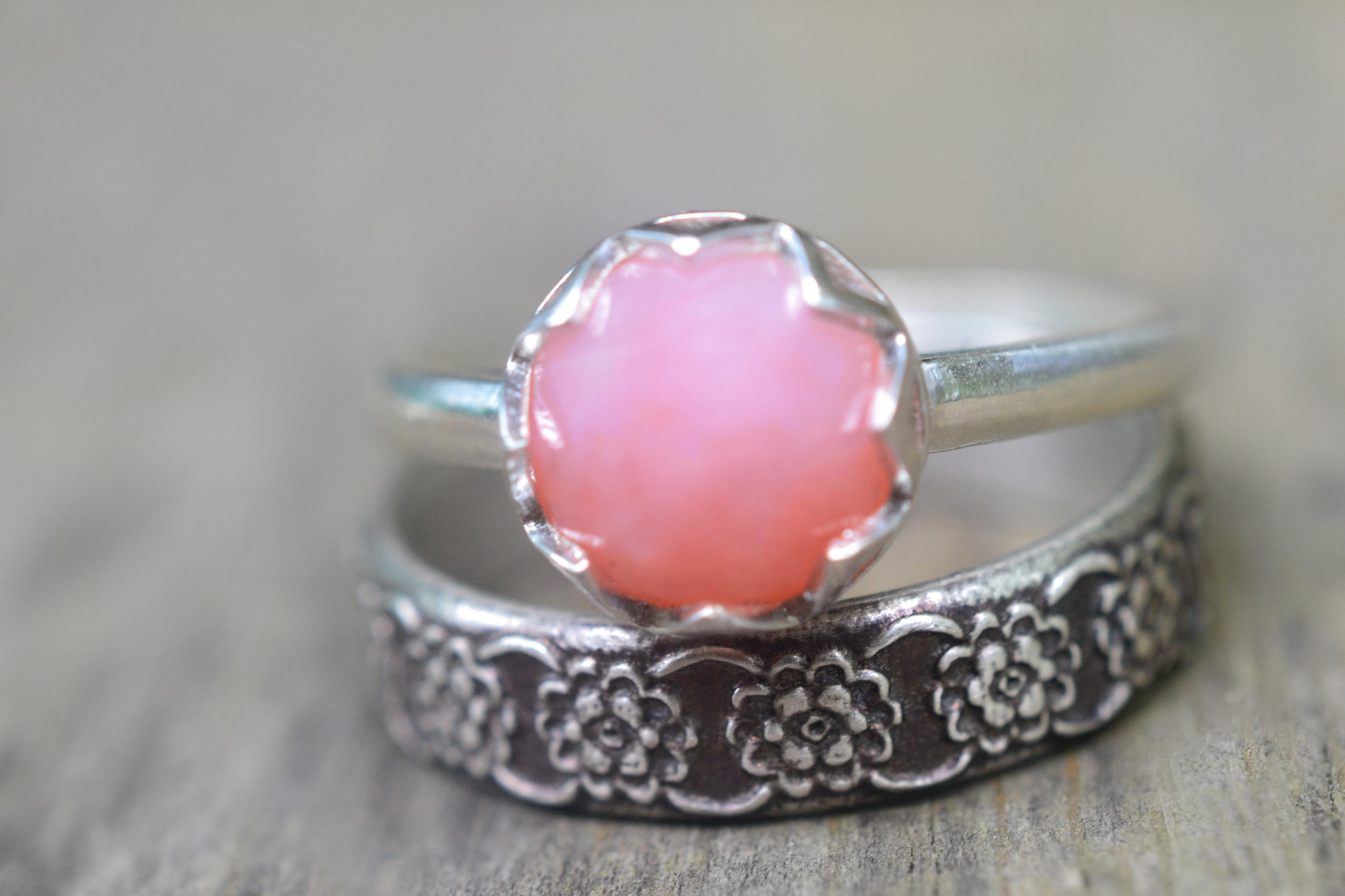 Pink Opal Bridal Set With Wildflower Wedding Band