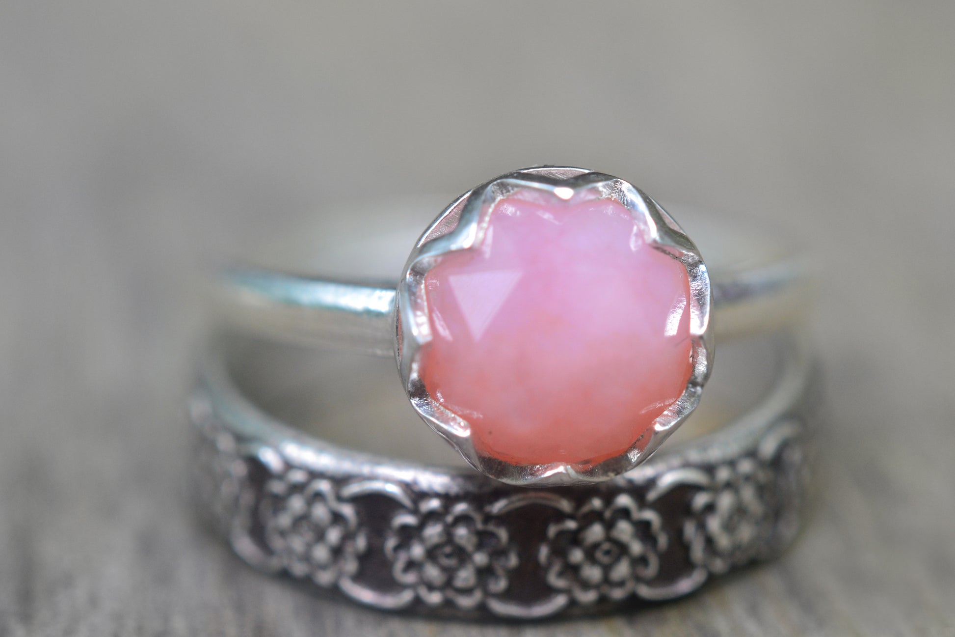Pink Opal & Wildflower Bridal Ring Band Set