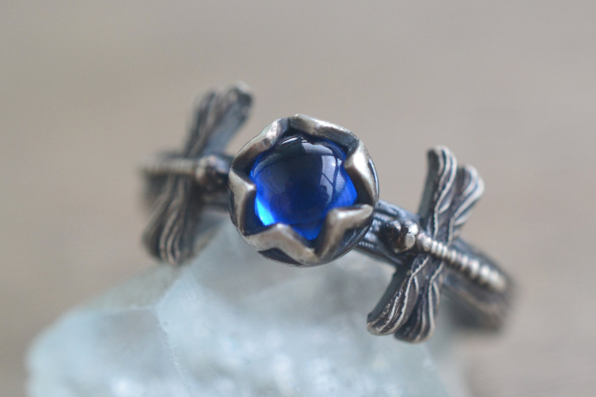 Dancing Dragonfly & Blue Spinel Cabochon Ring