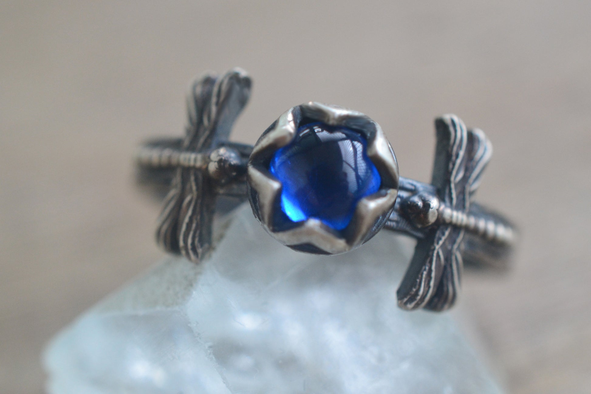 Dainty Dragonfly & Spinel Ring in Silver