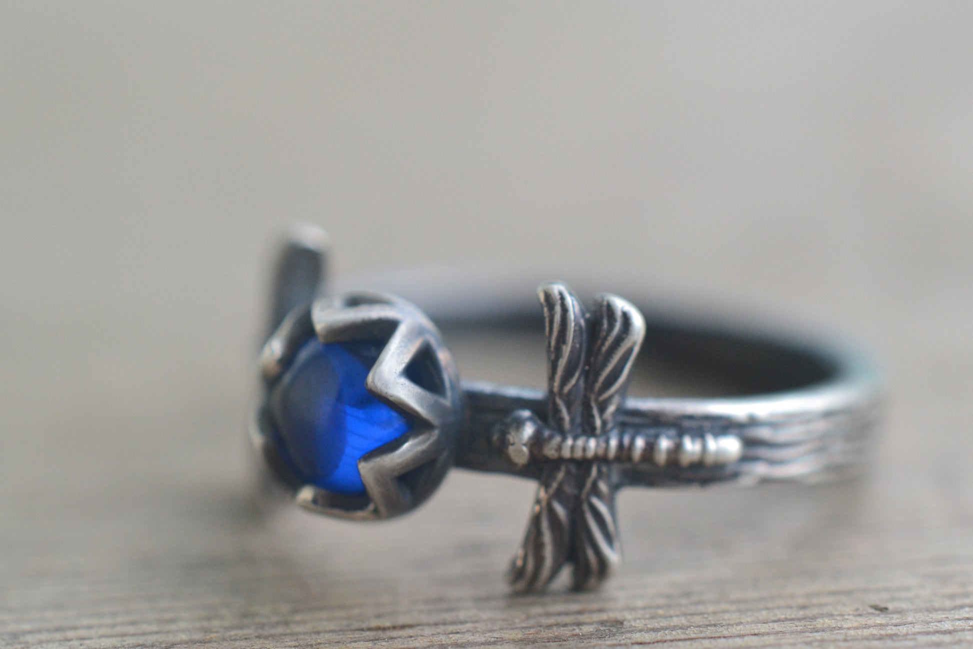 Oxidised Silver Dragonfly Ring With Blue Spinel
