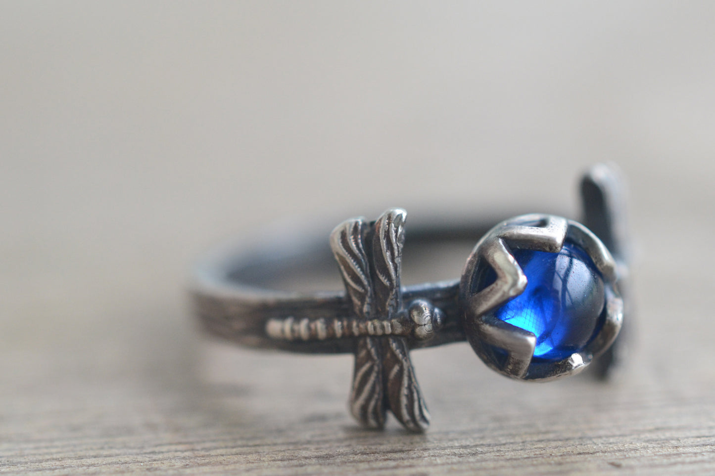 Oxidised Silver Dragonfly & Blue Spinel Ring