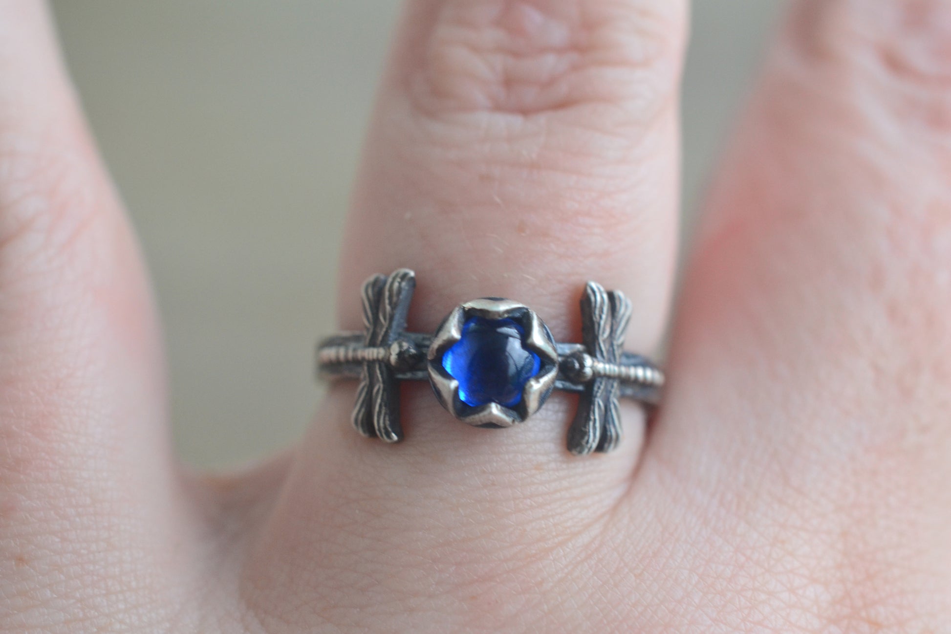 Oxidised Silver Dragonfly Charm Ring With Blue Stone