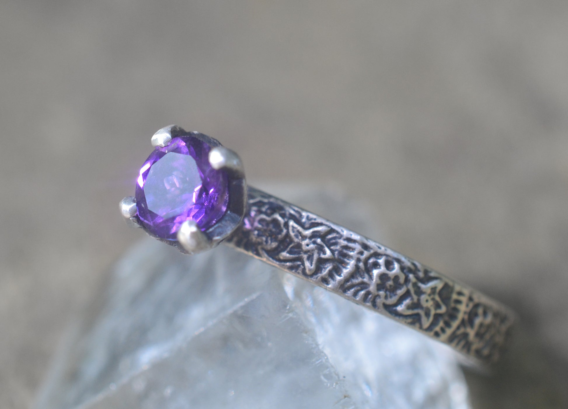Oxidised Silver Flower Ring With Amethyst