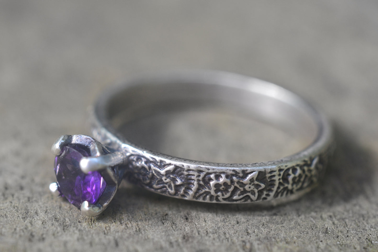 Floral Amethyst Engagement Ring in Sterling
