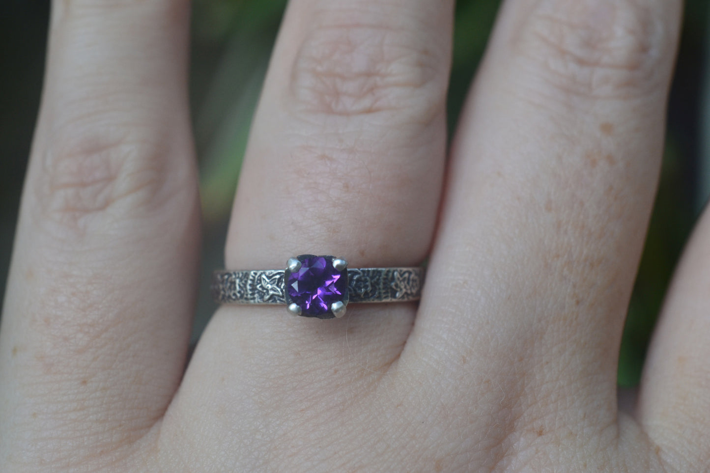 Round Amethyst Solitaire Ring in Oxidised Silver