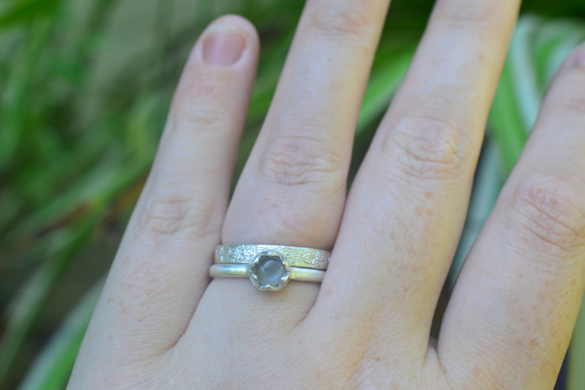 Floral Grey Moonstone Stackable Ring Set