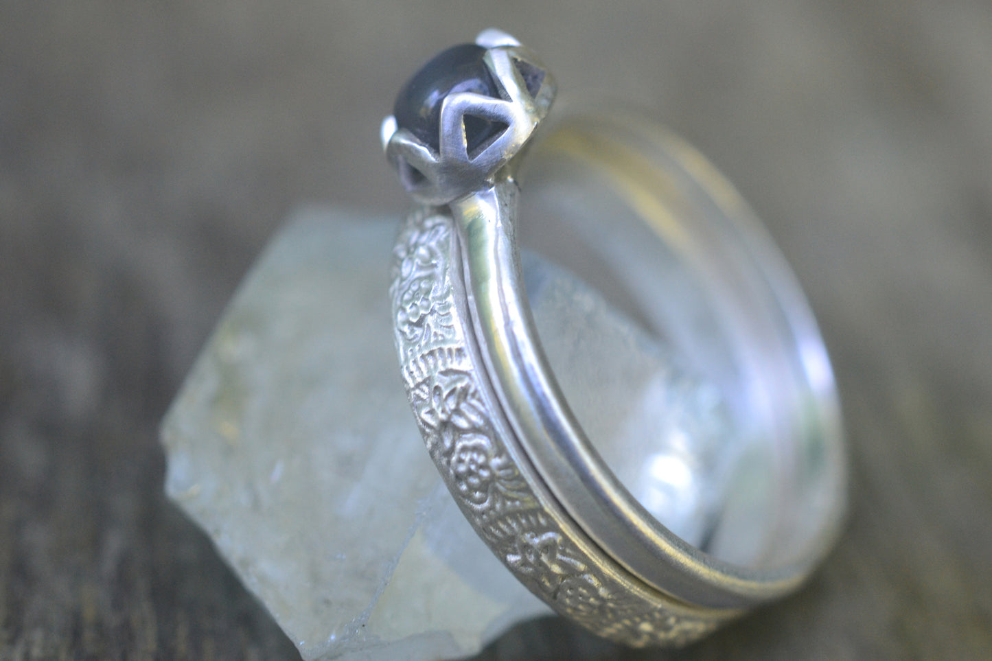Silver Flower Stacking Band & Moonstone Ring