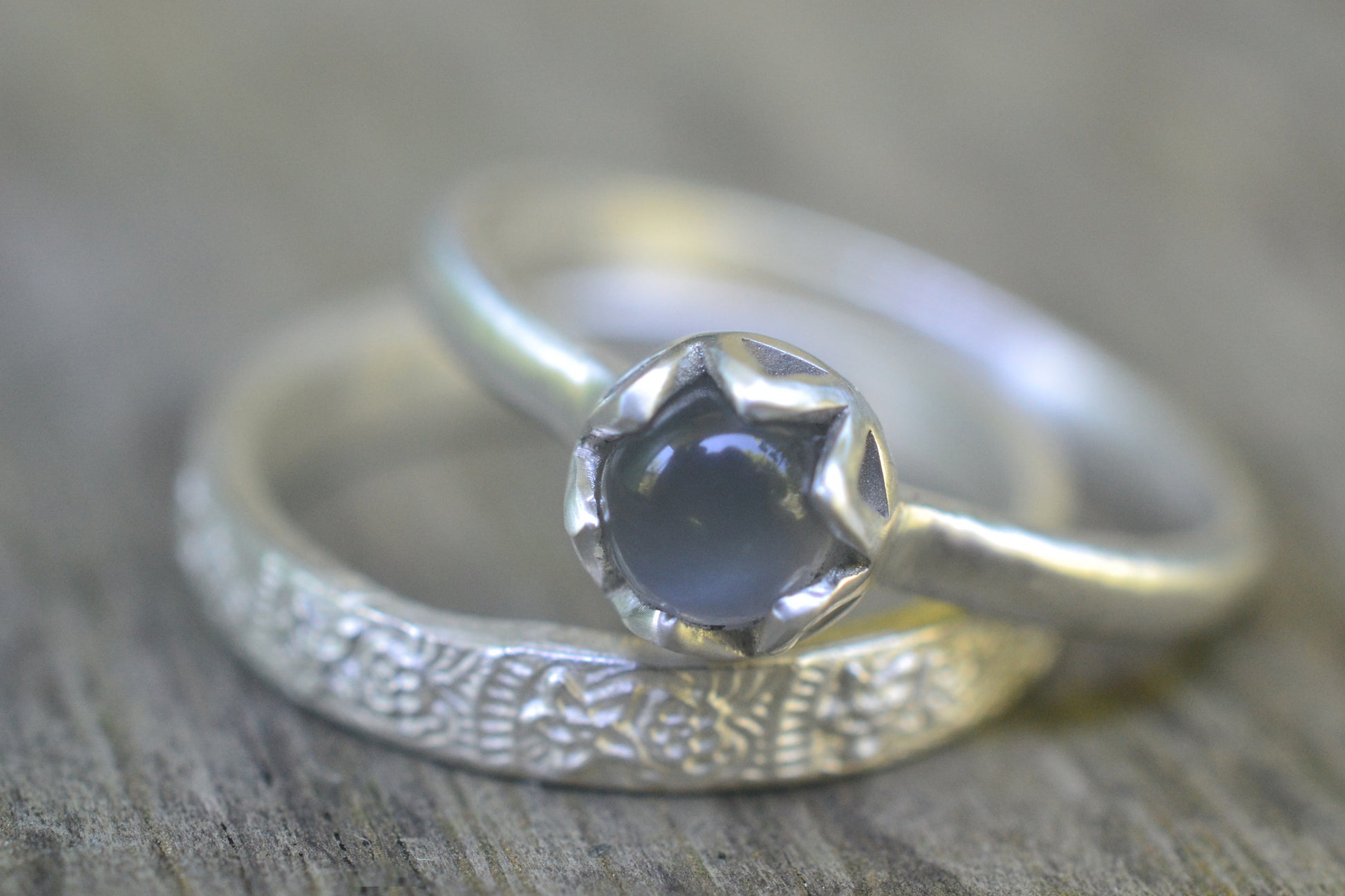 Floral Moonstone Stack Ring Set in Silver
