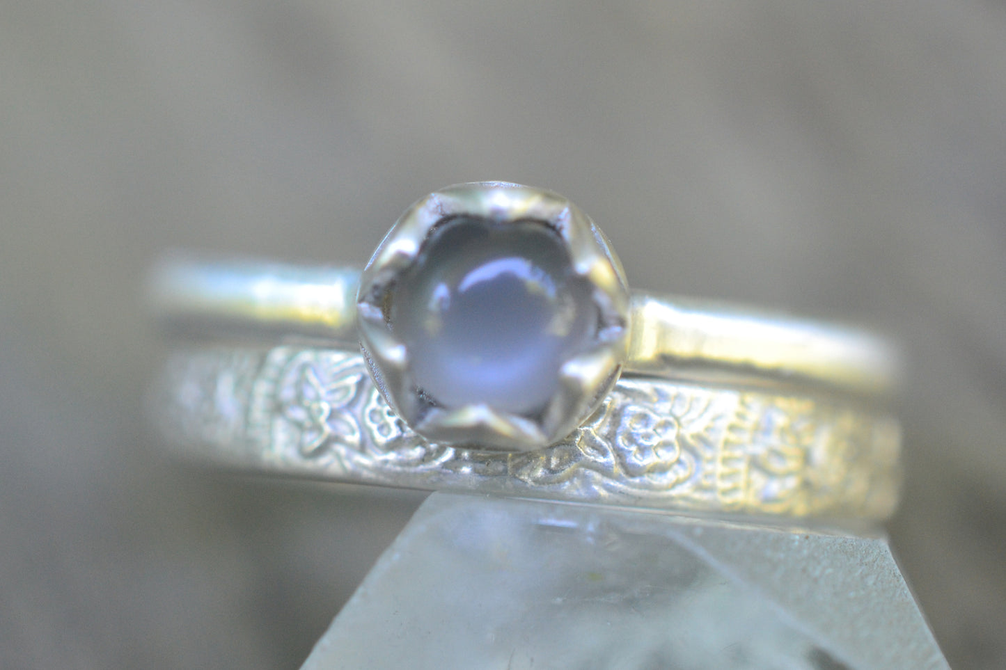 Stackable Grey Moonstone & Silver Flower Rings