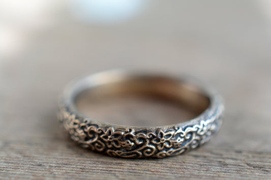 Oxidised Silver Flower & Leaf Wedding Band